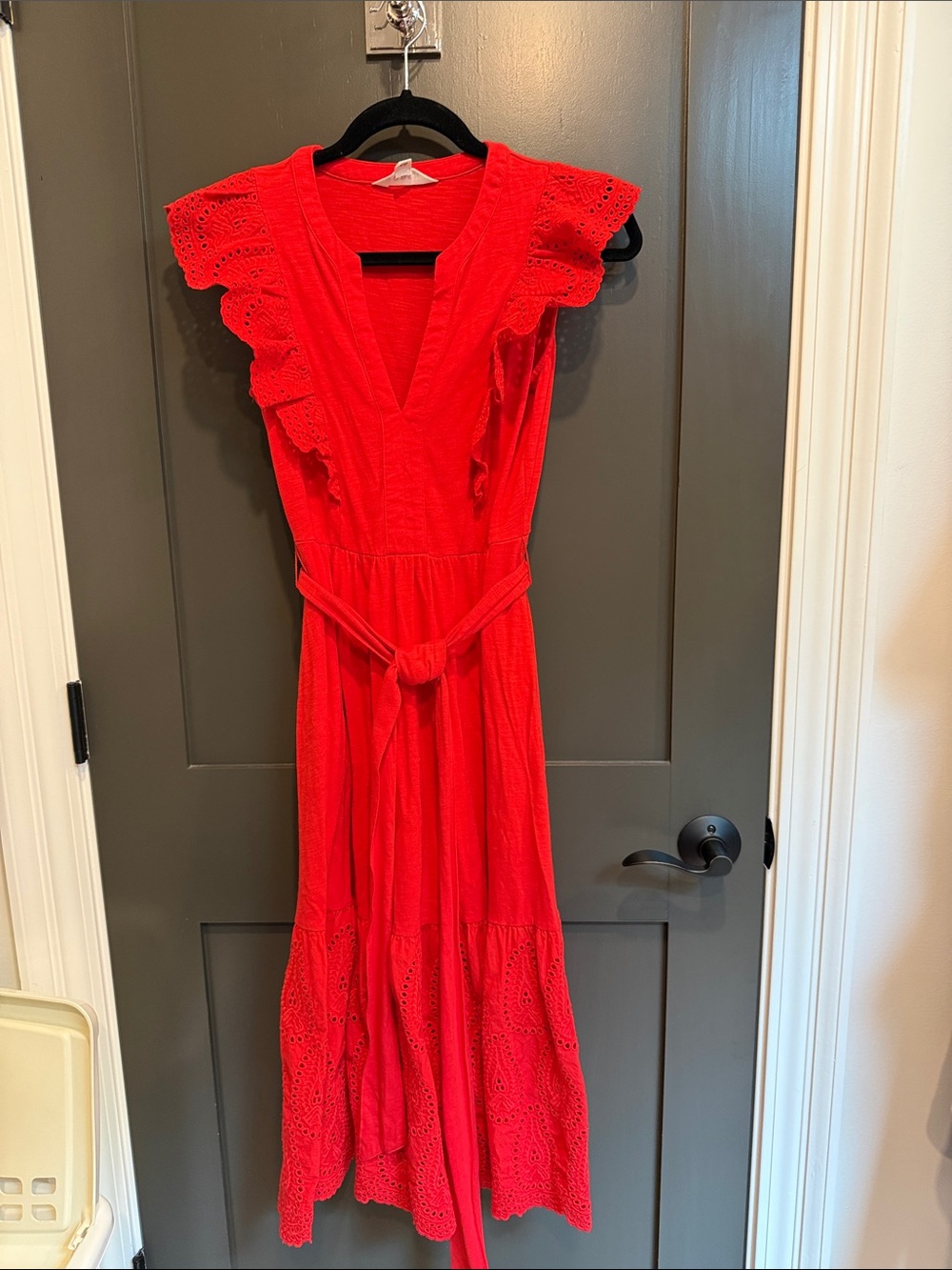 Boden Red Maxi Dress with Eyelet Ruffle Sleeves